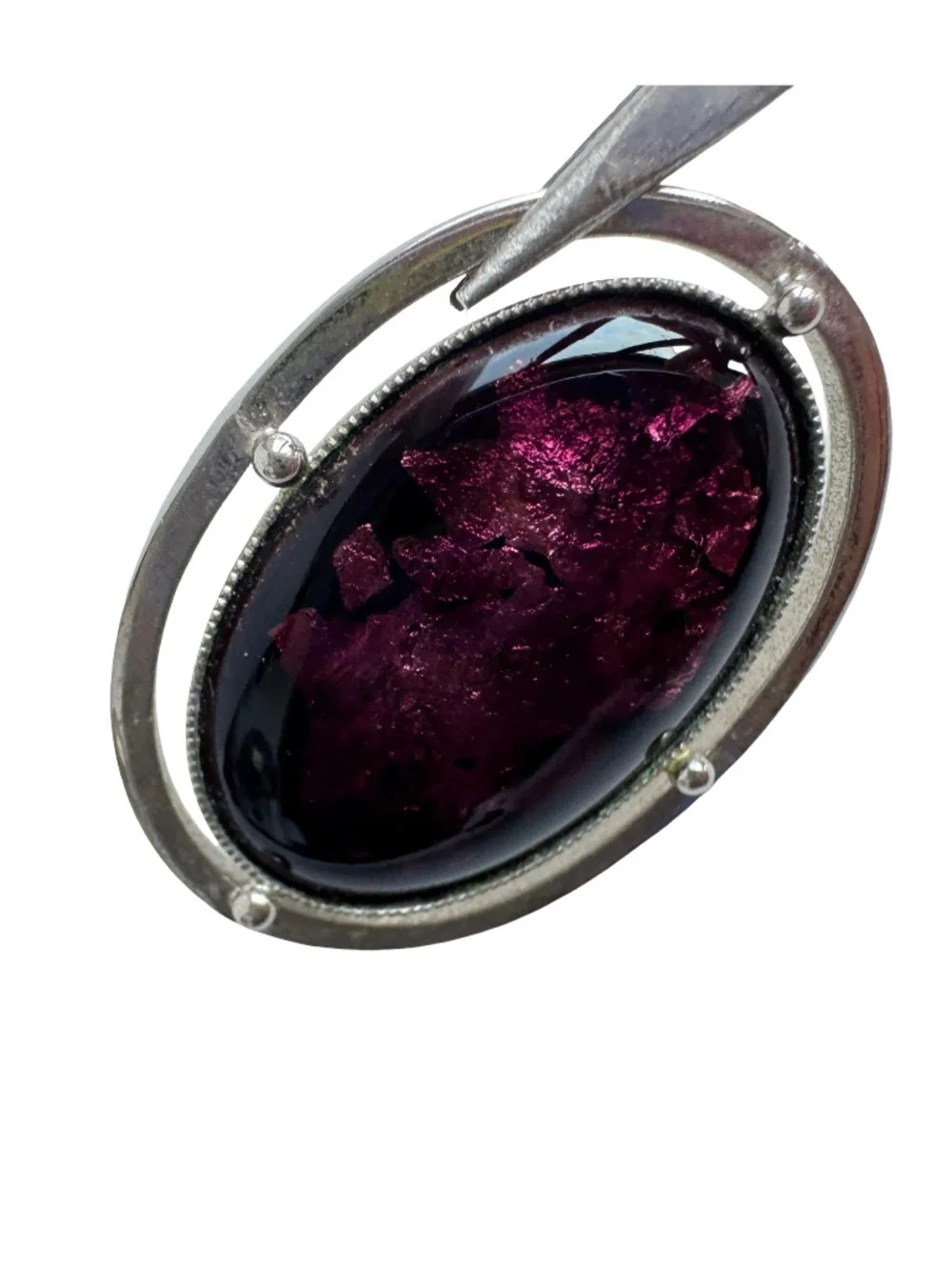 Vintage Japanese Cloisonne Brooch Purple Enamel Oval Silver Tone Costume Pin